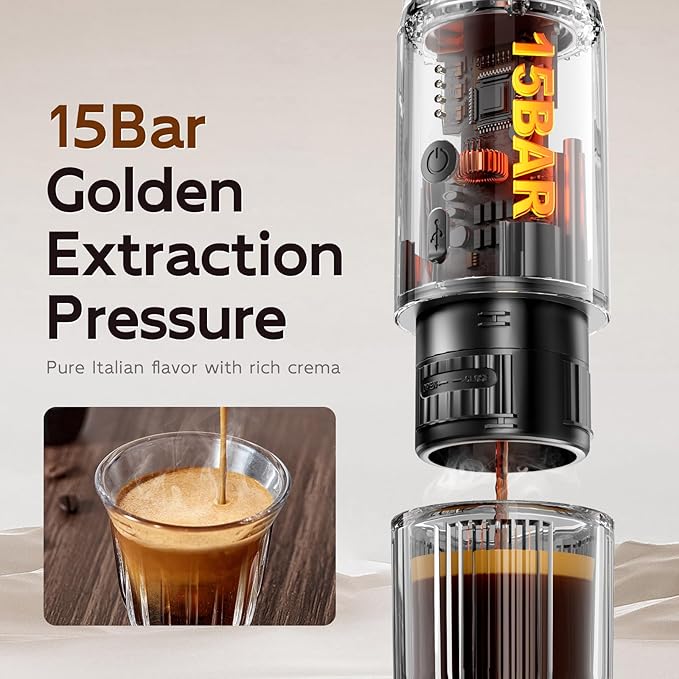 Portable Electric Espresso Machine15 Bar Self Heating Outdoor Coffee Maker Travel Coffee Machine for Camping With Ground Coffee and NS Capsule for RV OfficeCar Coffee with carry Bag