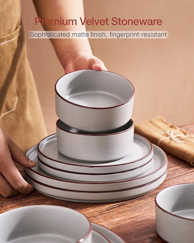 Famiware Nebula Ridge Stoneware Dinnerware Sets Plates and Bowls Sets for 4 12 Pieces Dishes Set Microwave and Dishwasher Safe Kitchen Plates Light Gray