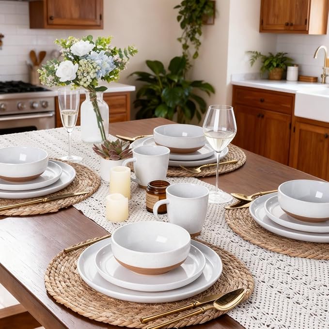 AmorArc Ceramic Dinnerware Sets for 4 12 Pieces Handpainted Plates and Bowls Set with Rustic Terracotta Underside Scratch Resistant Stoneware Dishes Set Dishwasher &amp Microwave Safe White