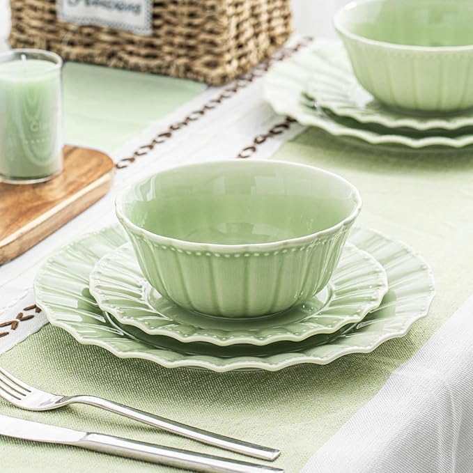 HOMBENE Dinnerware set 16 Piece plates and bowls sets for 4 Ceramic Mordern dish set for party Porcelain dish set House gift Microwavable safe Mint Glow Green