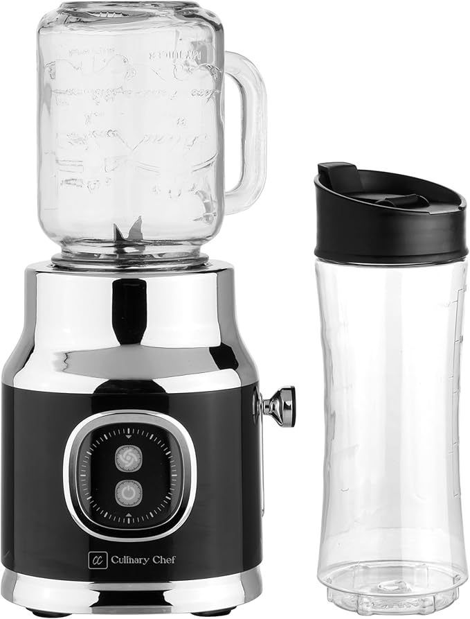 CULINARY CHEF Retro Smoothie Maker Personal Blender with Mason Jar Perfect for Shakes and Smoothies Countertop Dishwasher Safe BPA-Free High Power 300W Black