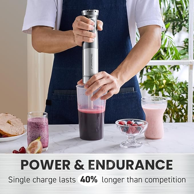 Elite Gourmet EHB1300 Cordless Rechargeable Hand Blender Variable Speed Blending with One-Touch Power Button Stainless Steel Blades Portable Easy Control Stick Mixer Baby Food Charcoal Grey
