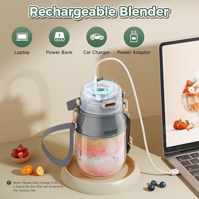 Portable Blender 27oz Personal Blender for Smoothies &amp Protein Shakes with 70W Motor &amp Smart Lock USB-C Rechargeable BPA-Free for Travel/Office/Home/Gym Drink Mixer with Strap Prasky (Ligh