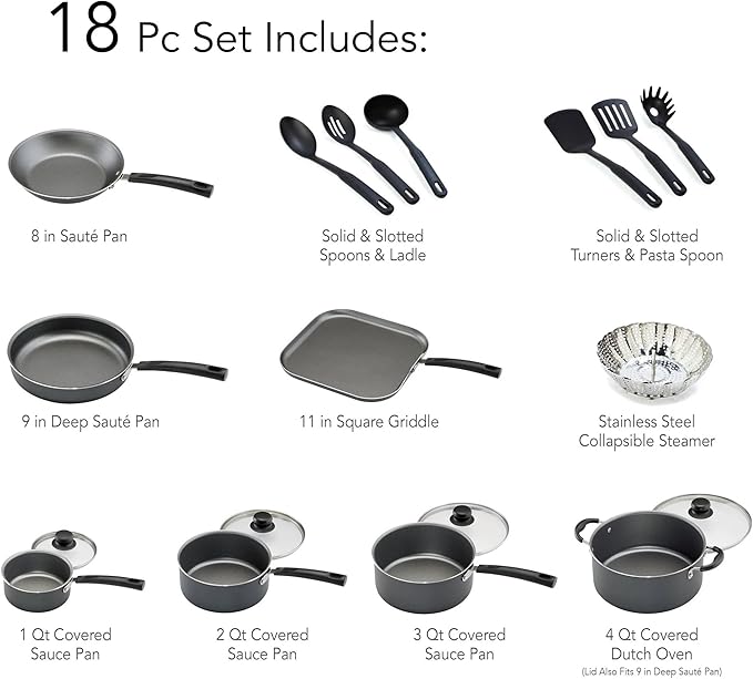 18-Piece Non-Stick Cookware Set Steel Gray Multiple Pots &amp Utensils Included Universal Stove Compatibility Dishwasher Safe