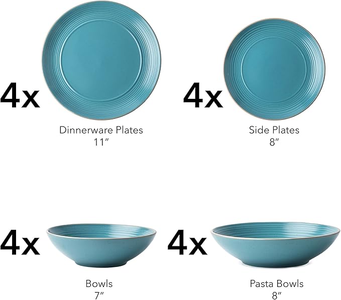 RINGAR Round Stoneware 16pc Double Bowl Dinnerware Set for 4 Dinner Plates Side Plates Cereal Bowls Pasta Bowls - Speckle Matte Turquoise (428525)