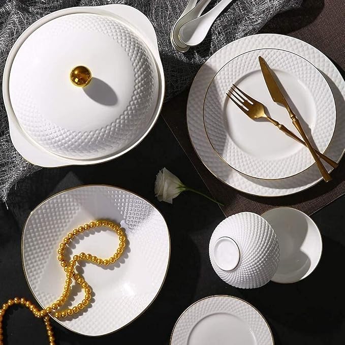 Ceramics Dinner Sets Ceramics Dinnerware SetBowl/Dish/Soup Pot/Spoon|Dinner SetsWhite Embossed Gold Rim Pattern Porcelain Combination Set49Pieces