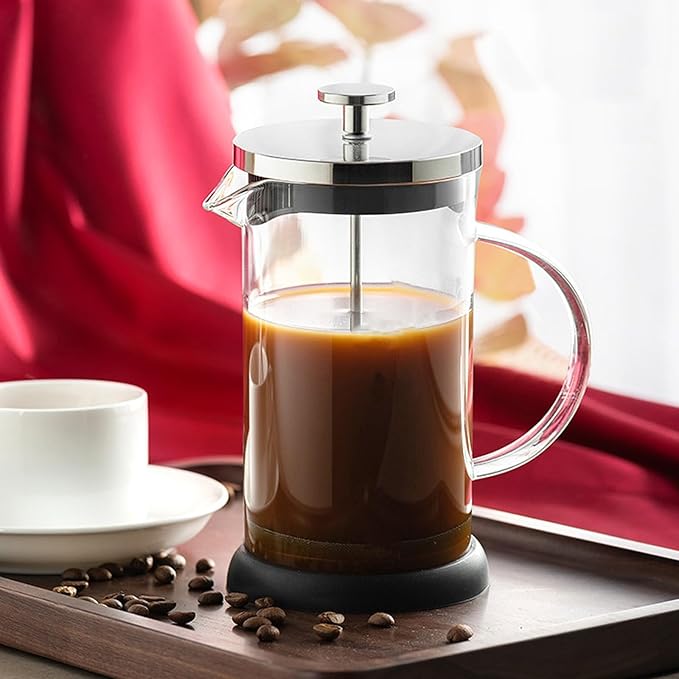 Manual Press Coffee Maker Set Large Portable Manual Coffeepot with Stainless Steel Lid Glass Coffee Pot and Milk Frother for Household Brewing and Tea Brewing