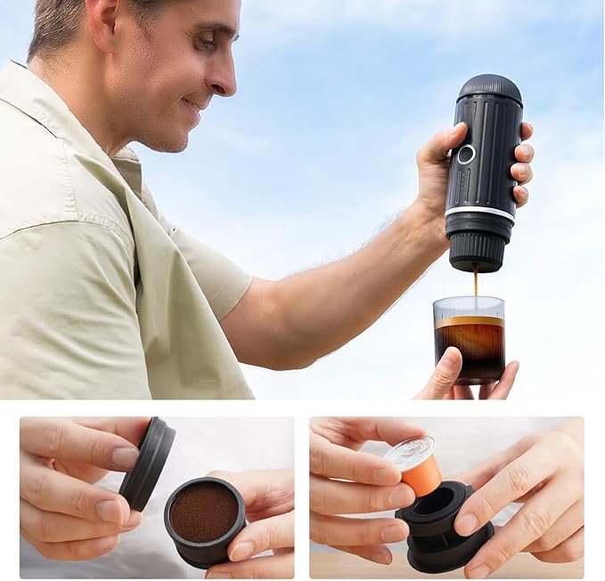 Portable Electric Espresso Machine Self-heating Rechargeable Travel Coffee Maker for Camping Hiking Office Car 19 Bar Compatible with NS Capsules &amp Ground Coffee with stand (Black+Stand)