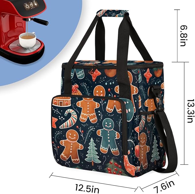 Gingerbread Man Coffee Maker Carrying Bag Christmas Pattern Travel Storage Bag Compatible with K-Mini or K-Mini Plus Single Serve Coffee Brewer Carrying Case with Multiple Pockets &amp Shoulder Str
