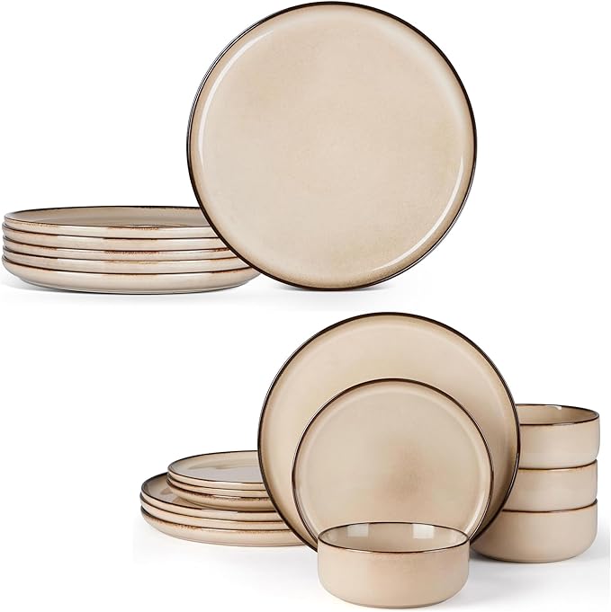 E-far 12-Piece Plates and Bowls Set and 10.5” Ceramic Dinner Plates Set of 6 Bundle Stoneware Dinnerware Sets for 4 Round Salad Plate for Home Kitchen Restaurant Microwave &amp Dishwasher Safe