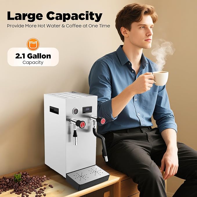 YIYIBYUS Espresso Machine 110V 8L Commercial Espresso Coffee Milk Foam Maker Stainless Steel Electric Fast Heating Steam Water Boiling Machine with LED Display for Tea Cappuccino Latte Mocha