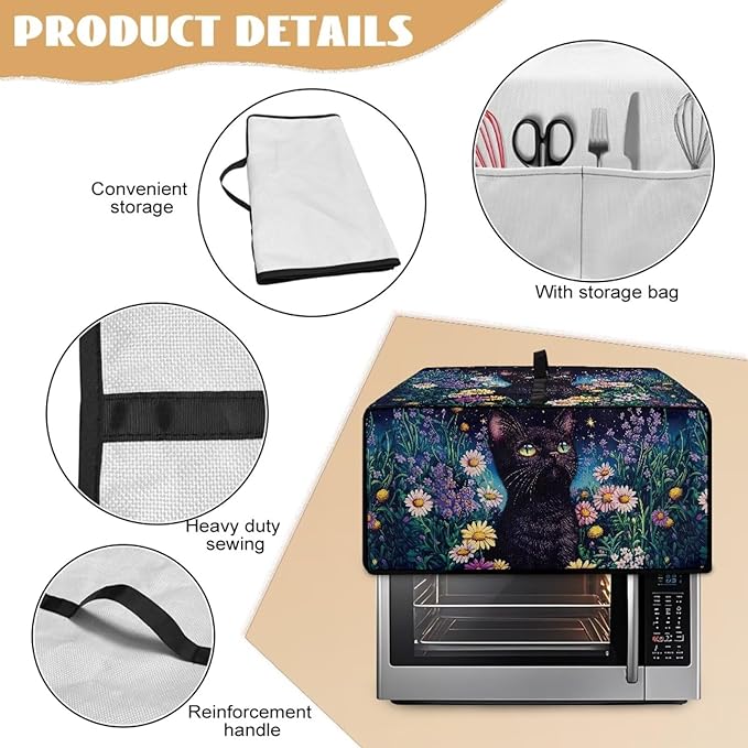 Doojoayie Black Cat Toaster Oven Cover Universal Fit Kitchen Appliance Dust Protector 8 Slice Toaster Cover Polyester Fabric Kitchen Appliance Dustproof Protector