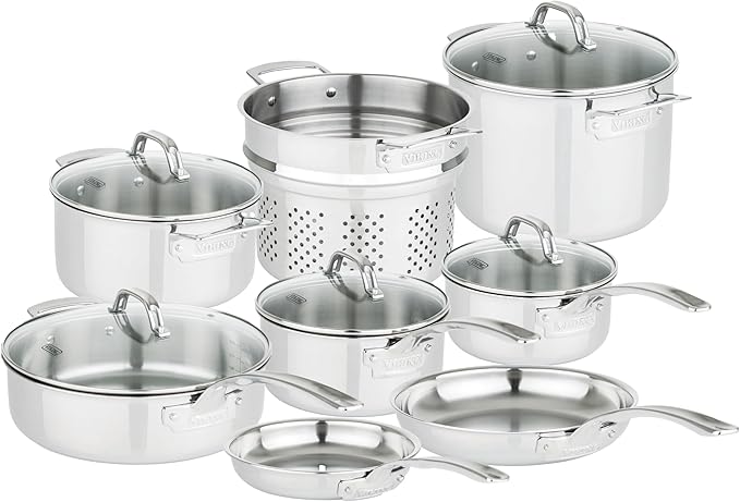 Viking 3-Ply Pots and Pans Set 13 Piece Stainless Steel Cookware Glass Lids Strainer Silver