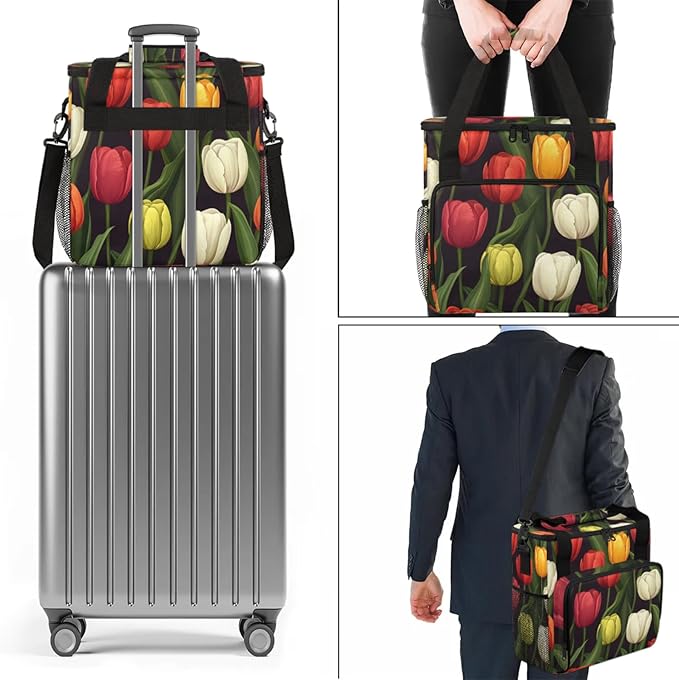Flower Tulip Theme Coffee Maker Travel Bag for Keurig K-Mini/K-Mini Plus Insulated Waterproof Tote with Pockets for K-Cup Portable Single-Serve Brewer Case