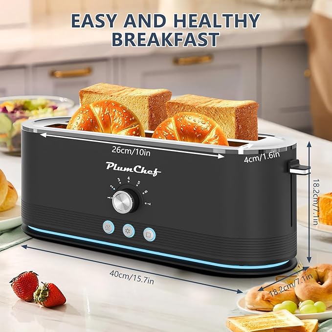 4-Slice Toaster Extra Wide Long Slot Toaster 7 Browning Settings Defrost/Reheat Functions Removable Crumb Tray Stainless Steel Housing Anti-Fingerprint &amp Anti-Jam (Black)