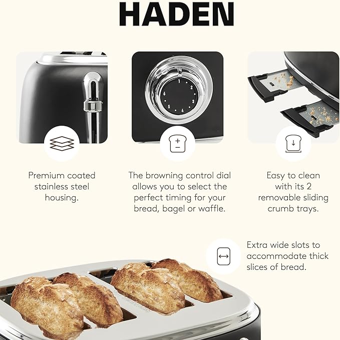 Haden Heritage 4 Slice Wide Slot Stainless Steel Toaster Bundled with 12 Cup Programmable Drip Coffee Maker Coffee Machine Black &amp Chrome