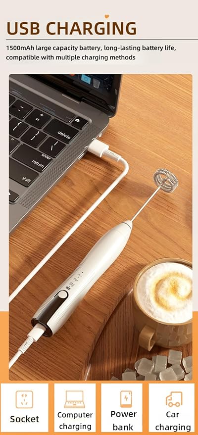 Immersion Blender Handheld 2-in-1 Hand Blender Electric with USB Rechargeable 3 Speeds Stainless Steel Blade Stick Blender with Whisk for Coffee LatteHot Chocolate Egg (Black)