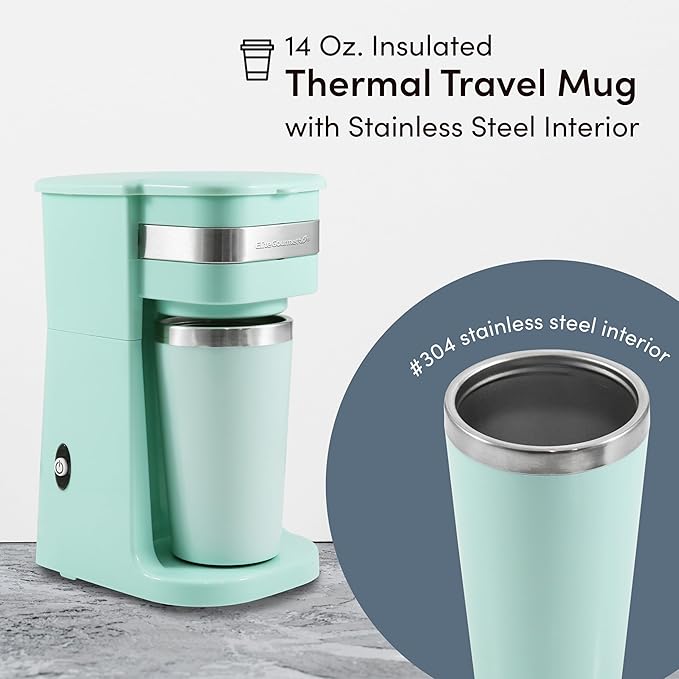 Elite Gourmet EHC113M Personal Single-Serve Compact Coffee Maker Brewer Includes 14Oz. Stainless Steel Interior Thermal Travel Mug Compatible with Coffee Grounds Reusable Filter Mint