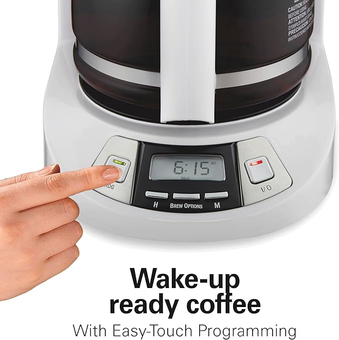 Hamilton Beach 12 Cup Programmable Drip Coffee Maker Machine Regular &amp Bold Brew Options Auto Pause and Pour Glass Carafe White (46294J)