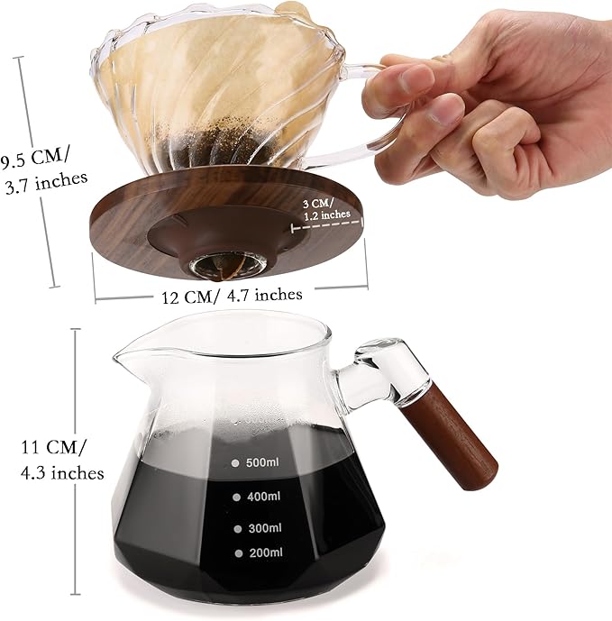 Pour Over Coffee Maker 20 oz Borosilicate Glass Set with 100 pcs Paper Filter Coffee Dripper with Walnut Collar Coffee Pot with Glass Lid 1-3 Cups Clear (600 ml)