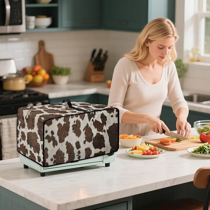 Doojoayie Brown Cow Print Toaster Oven Cover 4 Slice Bread Machine Cover Universal Fit Small Appliance Dust Protector Simple Style Kitchen Decoration