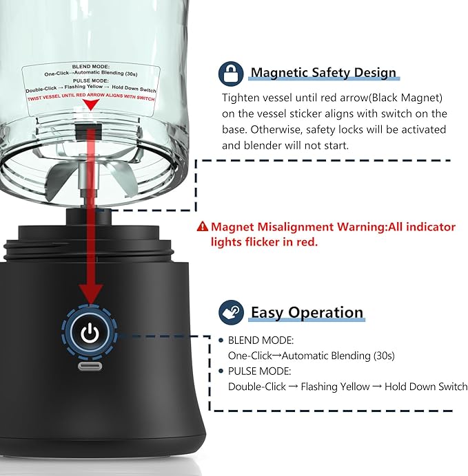 DENOKIN Portable Blender 20oz Vessel Cordless Personal Size Blend with 6 Blade and a Travel Lid (Elegant Black)
