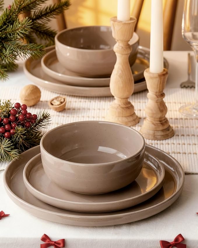 Famiware Milkyway Plates and Bowls Set 12 Pieces Dinnerware Sets Dishes Set for 4 Cinnamon Brown