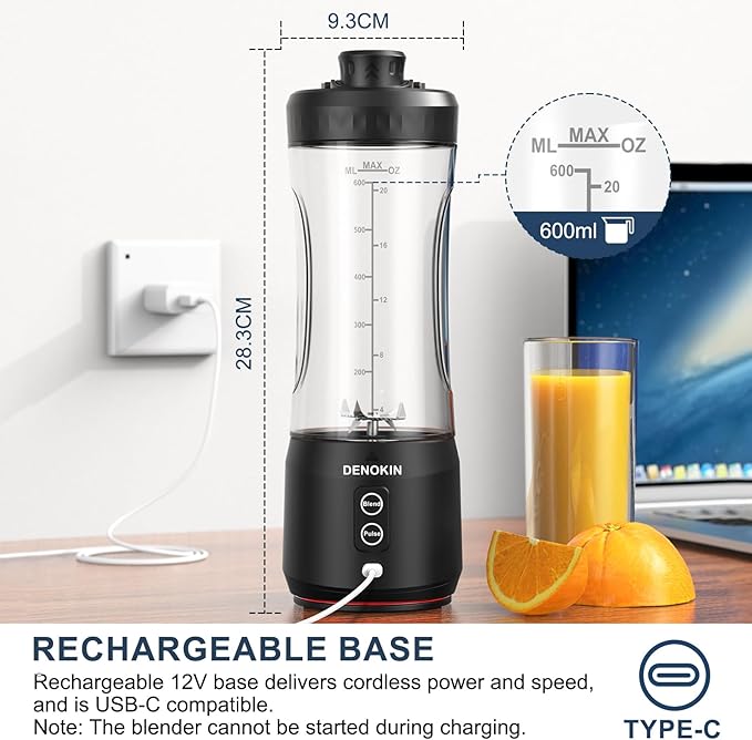 DENOKIN Portable Blender Cordless 20oz Vessel Personal Blender for Shakes &amp Smoothies with On Go Lid &amp Sip Lid Small Mixer for Kitchen Home Travel