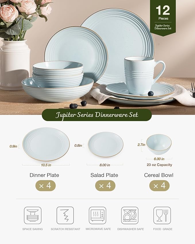 Famiware Jupiter Stoneware Dinnerware Sets Handcrafted Plates and Bowls with Embossed Swirl &amp Speckles Blue - Chip &amp Scratch Resistant Dishwasher &amp Microwave Safe Modern Dishes for 4 (1