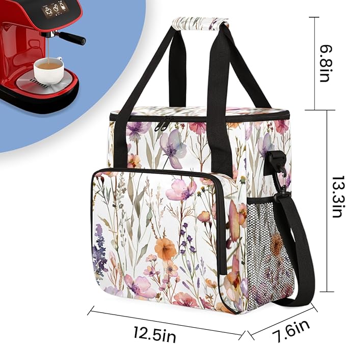 Vibrant Flower Coffee Maker Carrying Bag Portable Travel Storage Tote Bag Compatible with K-Mini or K-Mini Plus Single Serve Coffee Brewer Carrying Case with Multiple Pockets &amp Shoulder Strap