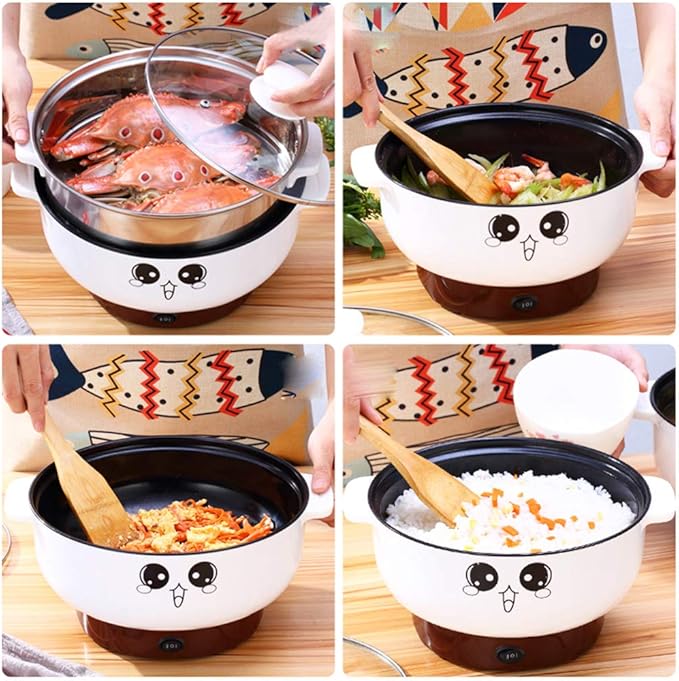 Multifunction Electric Skillet Stainless Steel Hot Pot Noodles Rice Cooker Steamed Egg Soup Pot Mini Heating Pan Cooking Rice (Color : Doublelayer Size : 26cm)