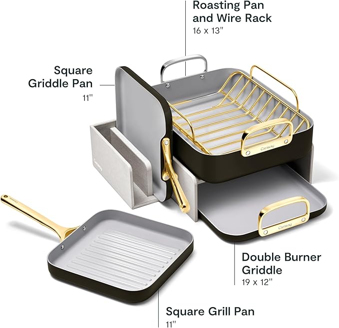 Caraway Square Cookware Set - Square Pans Set - Perfect for Griddling Toasting Searing Roasting and More - Non-Stick Ceramic Coated Pans - Non Toxic PTFE &amp PFOA Free - Black