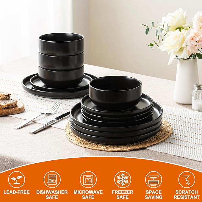EWFEN Plates and Bowls Sets 12 Pieces Ceramic Dinnerware Set for 4 Stoneware Dishware Dishes Set Scratch Resistant Dishes Set Dishwasher &amp Microwave Safe Black