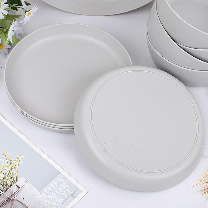 EI 12pcs Wheat Straw Dinnerware Set of 4Plastic Plates Reuasble UnbreakablePlastic Plates and Bowls Sets for CampingPicnincFamily Dinner