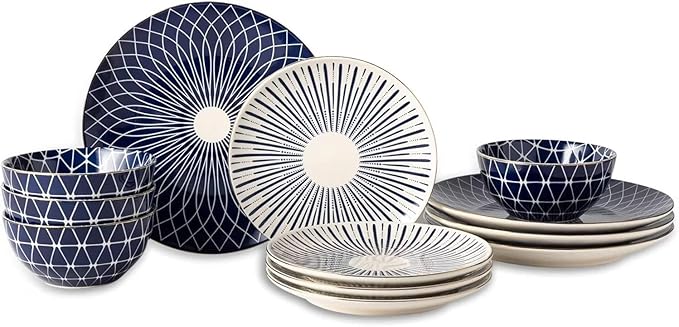 Blue and White 12-Piece Ceramic Dinnerware Set 4 dinner plates 4 salad plates and 4 bowls Dishwasher &amp Microwave Safe