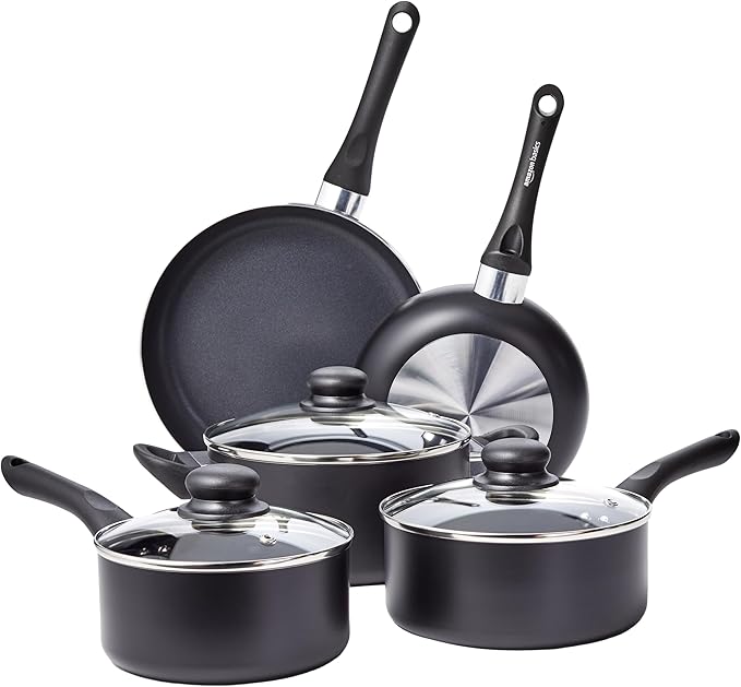 Amazon Basics Non-Stick Kitchen Cookware 8-Piece Set Non-Induction Includes Pots and Pans Black