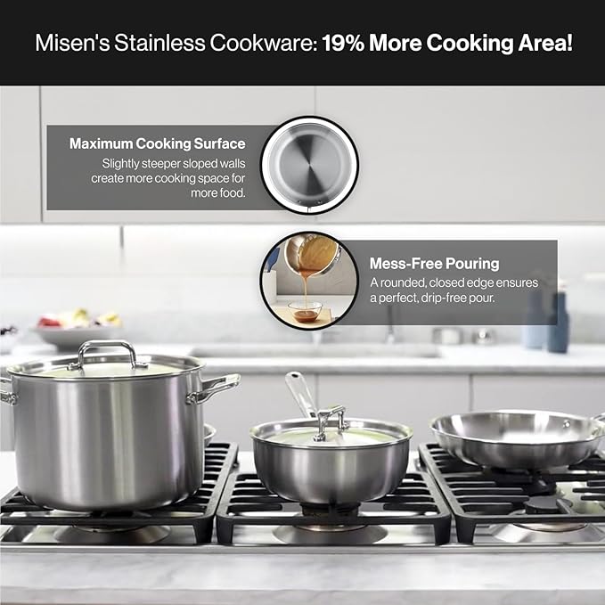Misen 5-Ply Stainless Steel Cookware Set - Versatile Dishwasher Safe - 9-Piece Set - 10 Skillet 12 Skillet + Lid 3 QT Saute Pan + Lid 3 QT Saucier + Lid 8 QT Stockpot + Lid