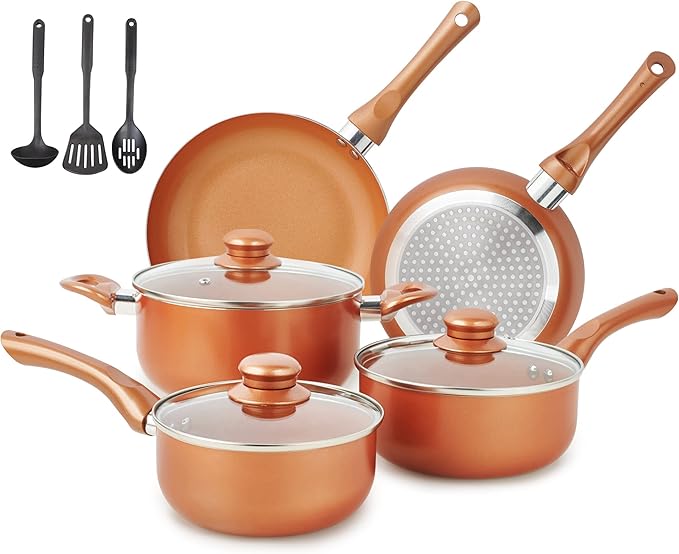 Pots and Pans Set Ultra Nonstick Pre-Installed 11pcs Cookware Set Copper with Ceramic Coating Stay cool handle &amp Nylon Kitchen Utensils Gas/Induction Compatible 100% PFOA Free