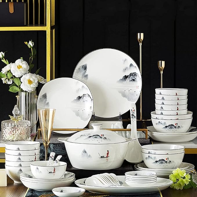 Bone China Dinnerwares Set 56 Piece Elegant Ceramic Plates and Bowls Sets Glaze Stoneware Dishes Set for Kitchen Dining Service for 10