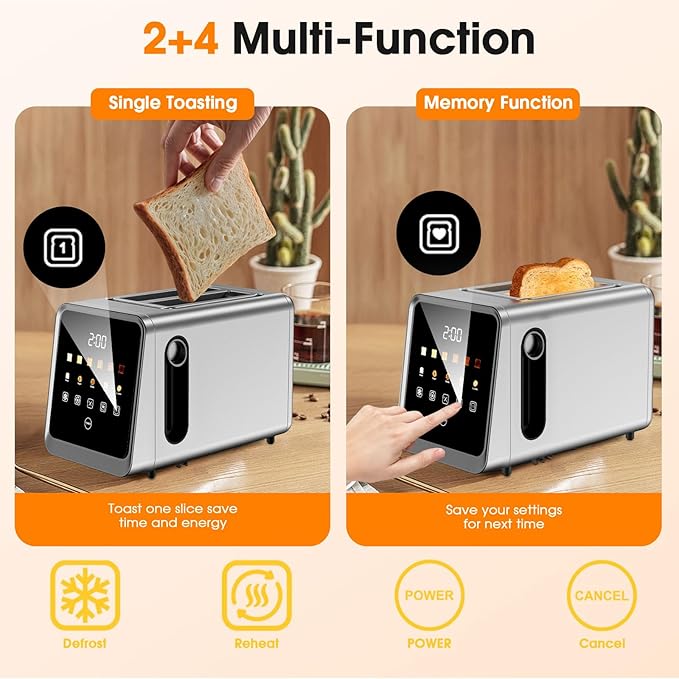 Toaster 2 Slice with Touchscreen 1.5 Wide Slots &amp Memory Recall | 900W Stainless Steel Smart Digital Toasters | 6 Shade Settings for Bagels &amp Thick Bread | Defrost Reheat Single-Slice Mode