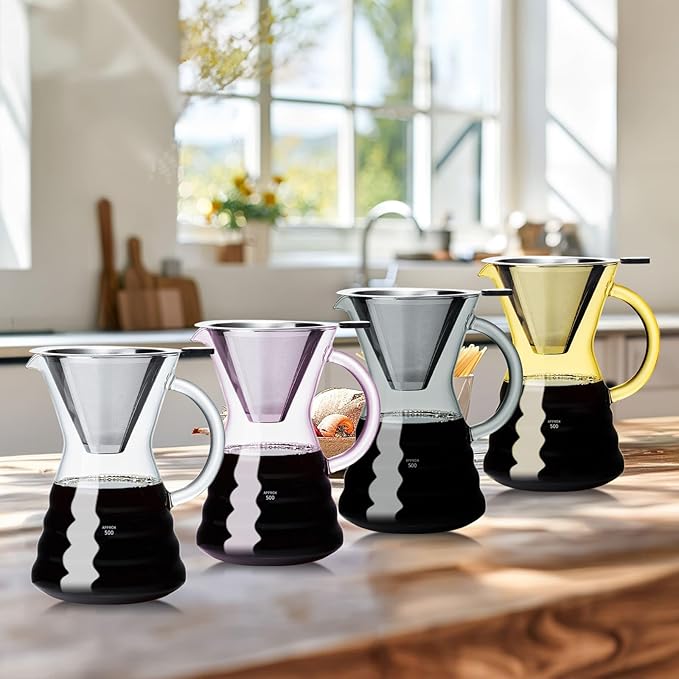 Unbreakable - Pour Over Coffee Maker with Permanent Stainless Filter 27 fl oz Thickened Heat-Resistant Borosilicate Glass Dripper Coffee Brewer Stovetop Safe Ink