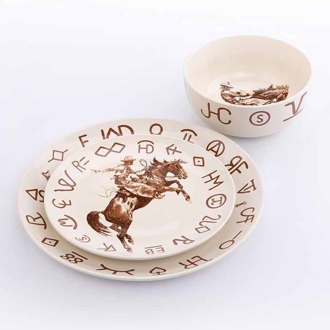 Broncs &amp Brands 12 Piece Dinnerware Set of Four Place Settings Including Dinner Plates Salad Plates and Dinner Bowls