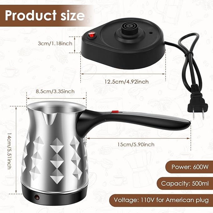 Turkish Coffee Maker with Folding Handle Stainless Steel 500ml Electric Turkish Coffee Machine Electric Turkish Coffee Pot 5 to 6 Cups Capacity Turkish Electric Coffee Maker Machine for Home Travel