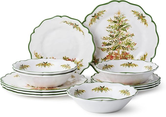 Holly Tree Holiday 12pc Dinnerware Set – Festive Melamine Plates and Bowls for Christmas Entertaining Indoor/Outdoor Use Break-Resistant and Dishwasher Safe
