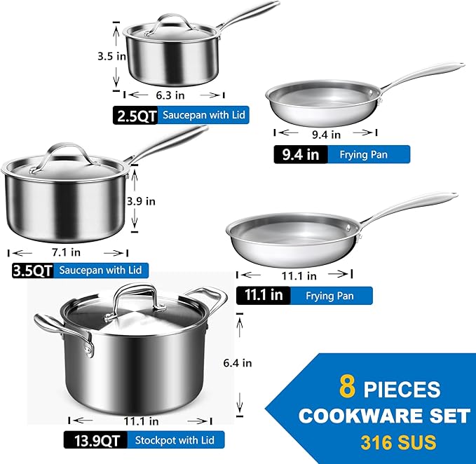 Stainless Steel Cookware Set 5-ply cookware8-Piece Pots and Pans Set 316L Professional Grade Oven and Broiler Safe to 650°F Dishwasher Safe Durable Induction Compatible Silver