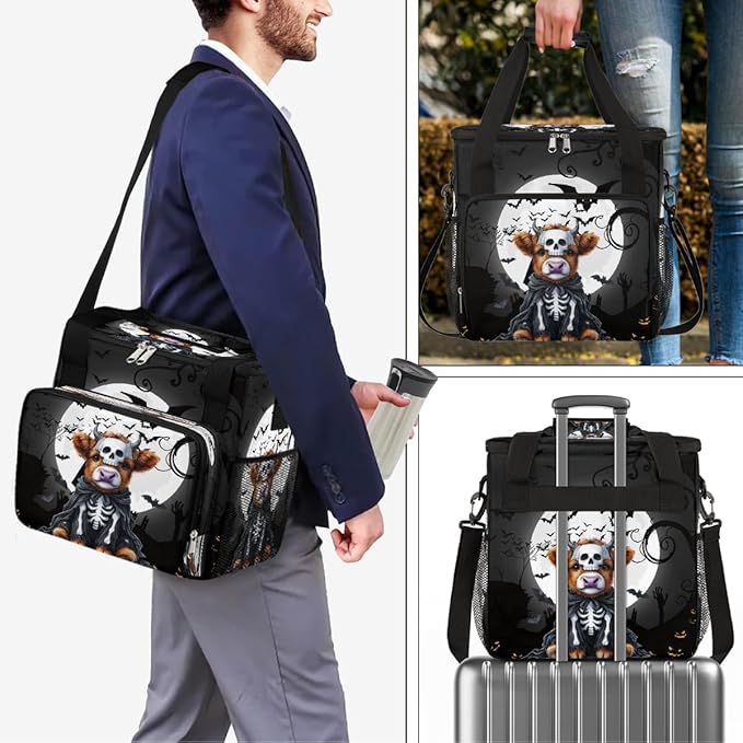 Halloween Mountain Cow Bat Moon Coffee Maker Carring Bag Travel Carrying Storage Tote Bag Compatible with Keurig K-Mini or K-Mini Plus Portable Single Serve Coffee Brewer Case with Pockets