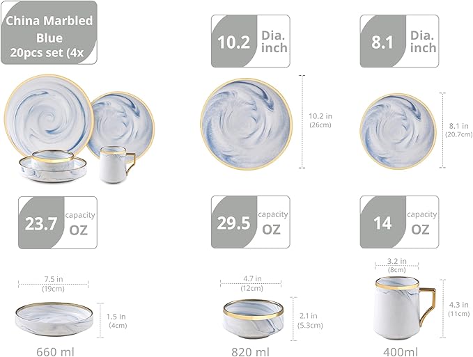20 Piece Plates and Bowls Sets Fine China Artisan Marbled Dinner Set for 4 Dishwahser Safe Scratch Resistant Blue with Gold Line