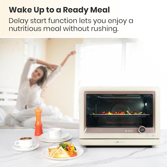 VAL CUCINA 7-in-1 Steam Convection Oven Countertop with Air Fry Bake Sous Vide Ferment Built-in Recipes | Anti-Scalding Self Clean Food-grade Stainless Steel Cavity &amp Accessories | 1500W