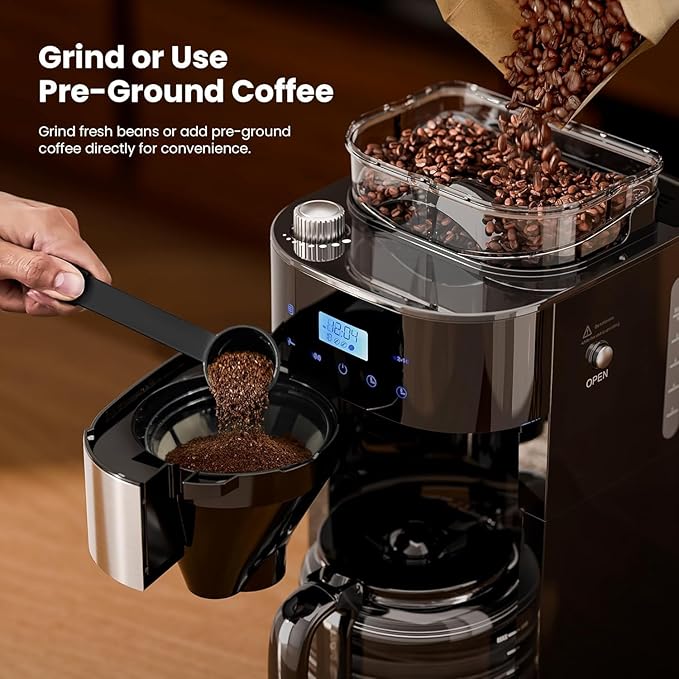 Kismile 10-Cup Digital Drip Coffee Maker with Built-In Grinder Programmable 12H Timer Keep-Warm Function Customizable Strength &amp Grind Size Coffee Machines with Smart LED Touchscreen