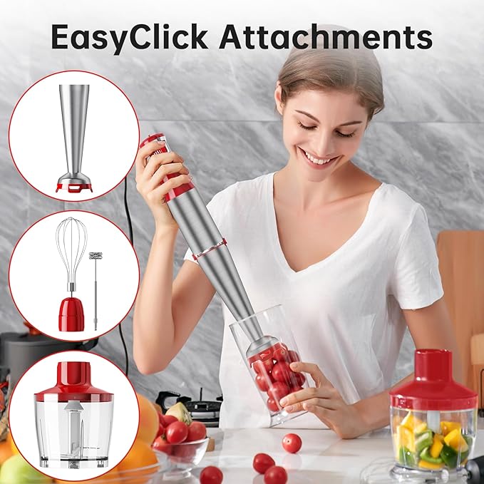 Immersion Blender Handheld Corded Hand Blenders Set 1100W Trigger Variable Speed 5 in 1 Stick Emulsifier with Chopper Whisk and Frother for Soup Baby Food and Smoothies Christmas red